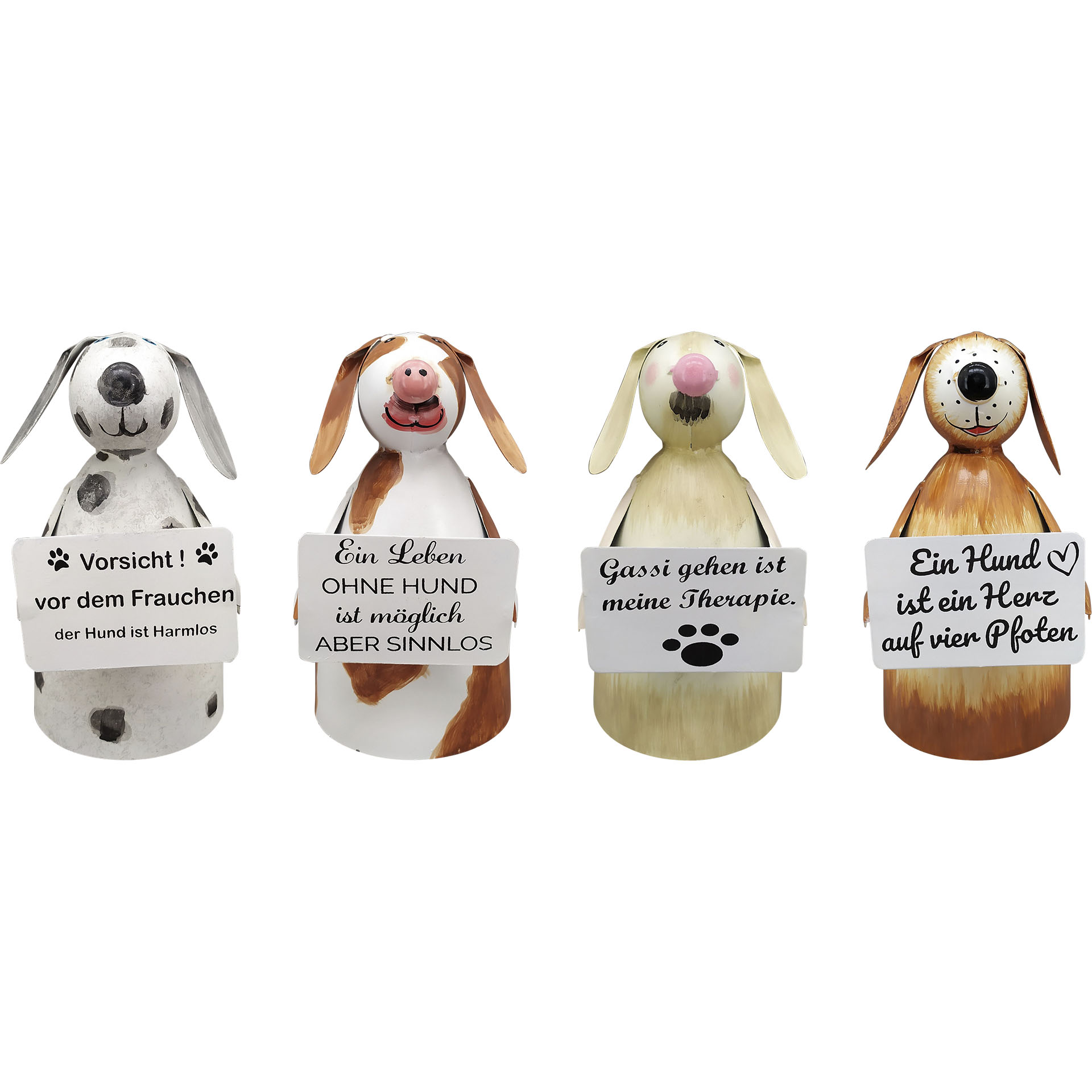 vier verschiedenfarbige Hunde mit vier verschiedenen Sprüchen auf Schild